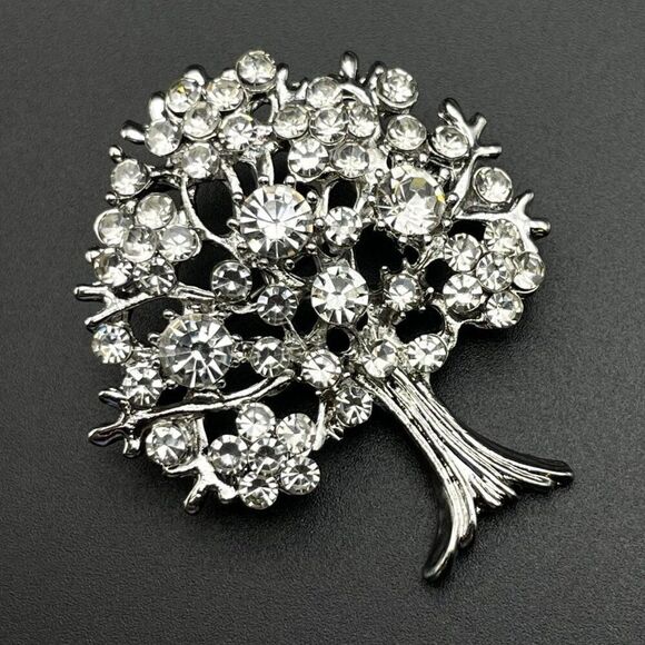 Silver with White Diamond Crystal Blooming Tree Pin Back Brooch - Picture 2 of 9